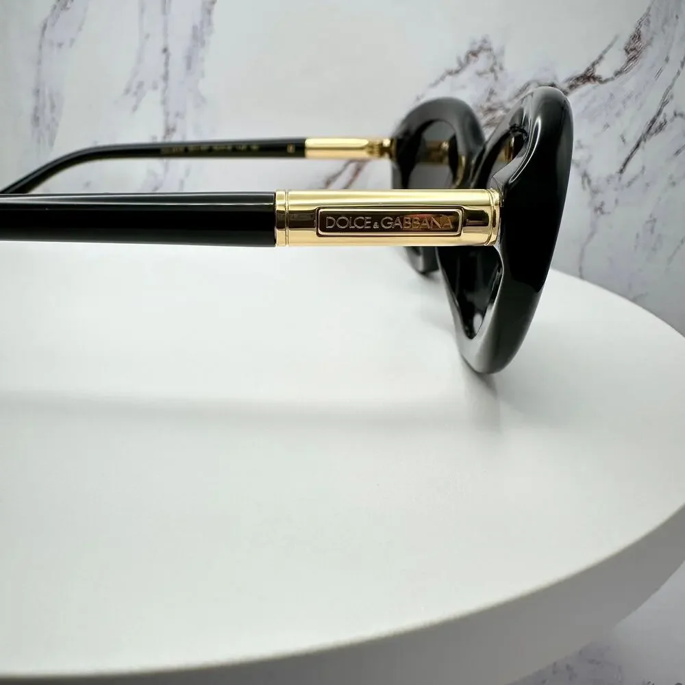 New Dolce & Gabbana Sunglasses Black Oval Cat Eye Gold Metal Logo 54-18